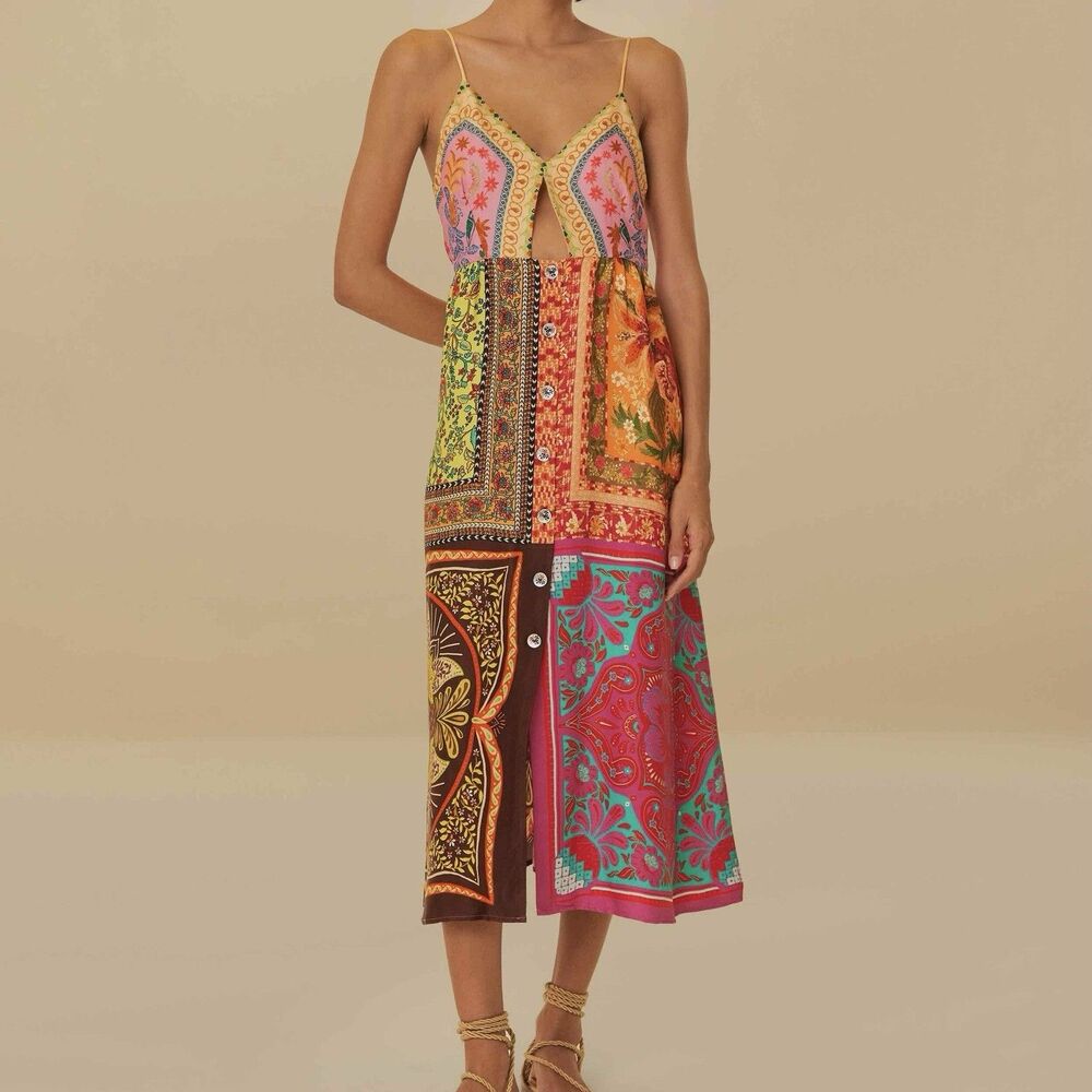 FARM Rio Multicolor Patchwork Midi Dress